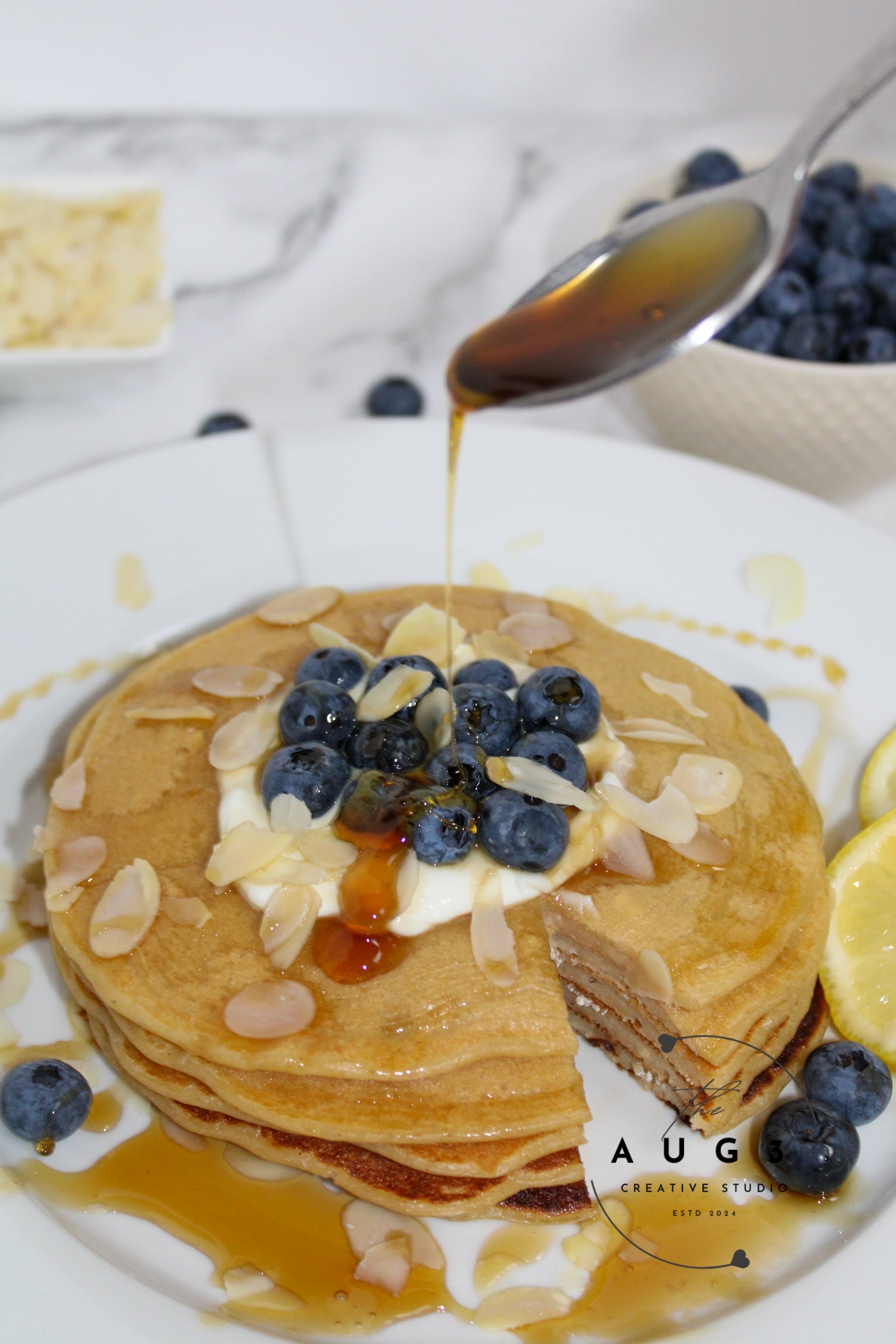 High-Protein Lemon Blueberry Cottage Cheese Pancakes